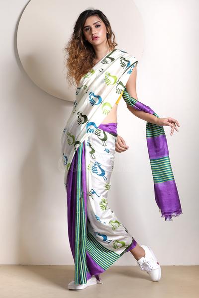 White Glamour Pure Silk Mark Certified Bishnupuri Silk Sarees - Dailybuyys