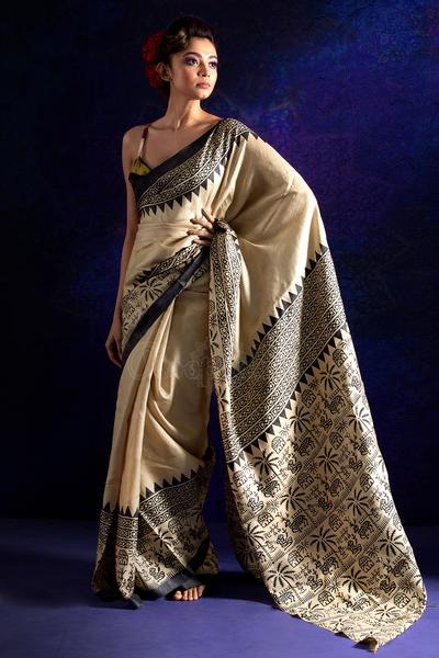 Beige Pure Silk Mark Certified Murshidabad Silk Sarees - Dailybuyys