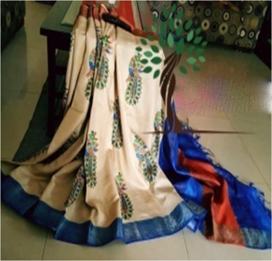 Beige Blue  Block Printed Zari Border Pure Silk Mark Certified Tussar Silk Sarees - Dailybuyys