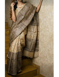 Beige  Block Printed  Border Pure Silk Mark Certified Tussar Silk Sarees Get Extra 10% Discount on All Prepaid Transaction