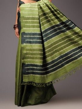 Green Glamour  Block Printed Zari Border Pure Silk Mark Certified Tussar Silk Sarees