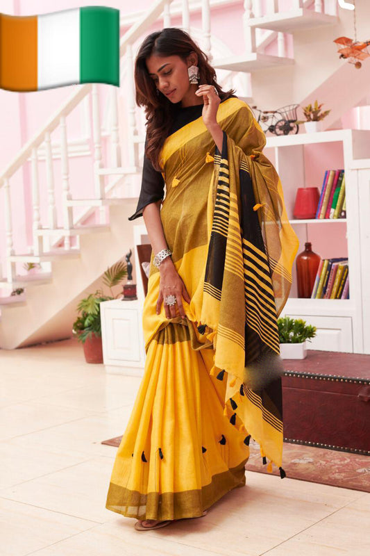 Yellow Pure Cotton Silk Sarees - Dailybuyys