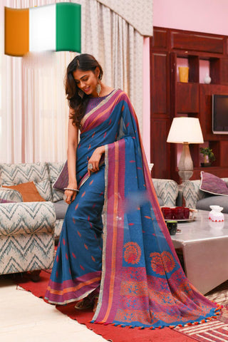Blue Pure Cotton Silk Sarees Get Extra 10% Discount on All Prepaid Transaction