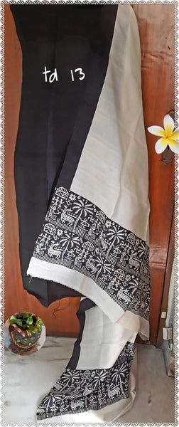 Black Beige Block Printed Design Pure Silk Top & Dupatta