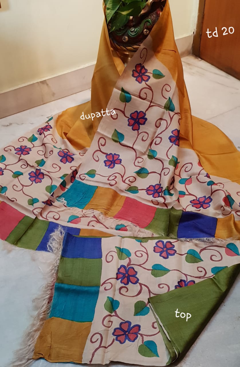 Yellow Beige Hand Painted Pure Silk Top & Dupatta - Dailybuyys
