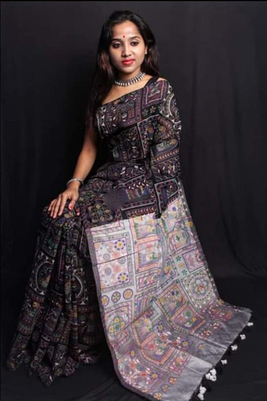 Black Beige Bengal Handloom Silk Sarees - Dailybuyys