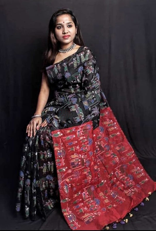 Black Red Bengal Handloom Silk Sarees - Dailybuyys