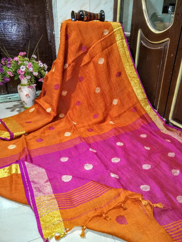 Orange Purple Ball Zari Pure Linen Sarees