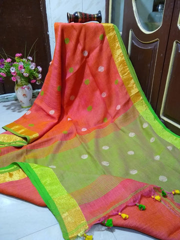 Red Green Ball Zari Pure Linen Sarees