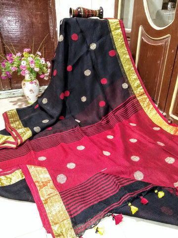 Black Ball Zari Pure Linen Sarees