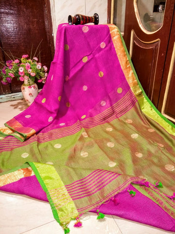 Purple Ball Zari Pure Linen Sarees