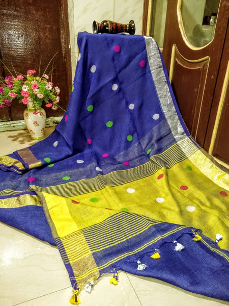 Blue Ball Zari Pure Linen Sarees