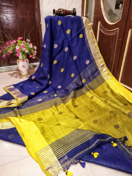 Blue Ball Zari Pure Linen Sarees