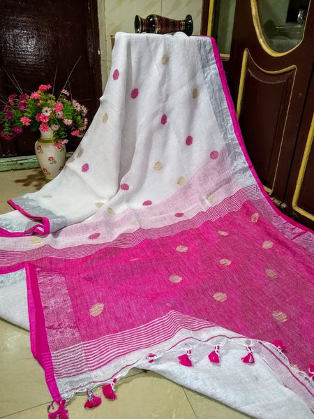 White Ball Zari Pure Linen Sarees