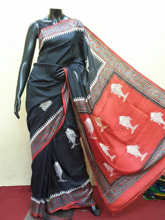 Grey Black Block Printed Pure Silk Mark Certified Bishnupuri Silk Sarees - Dailybuyys