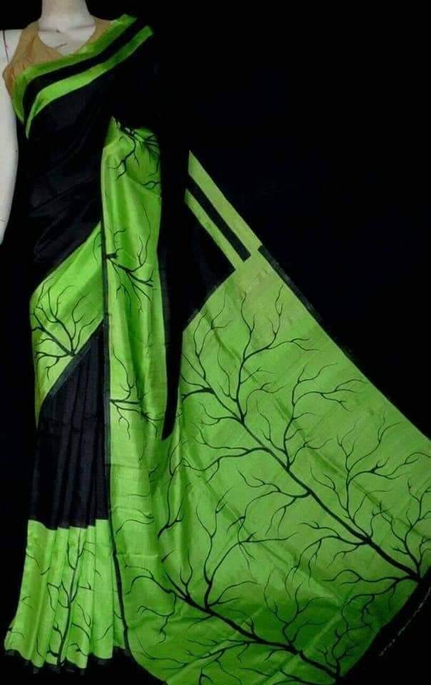 Green Black Hand Painted Pure Silk Mark Certified Bishnupuri Silk Sarees - Dailybuyys