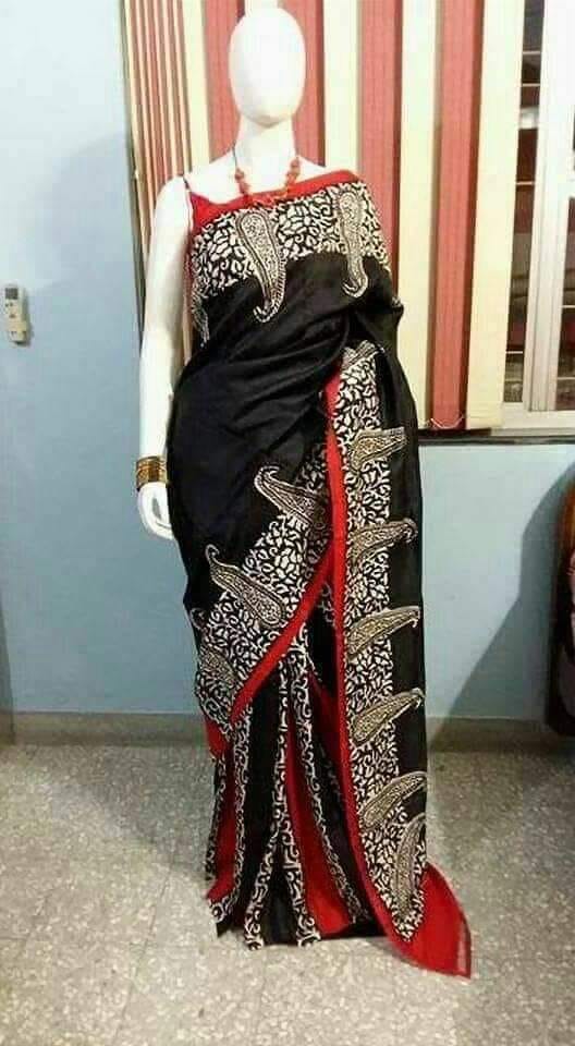 Black Kolka Block Printed Pure Silk Mark Certified Bishnupuri Silk Sarees - Dailybuyys