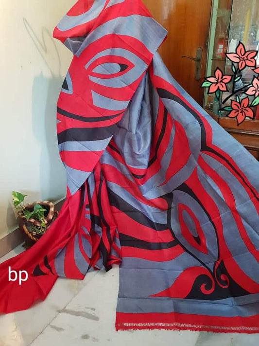 Red Grey Hand Painted Pure Silk Mark Certified Bishnupuri Silk Sarees - Dailybuyys