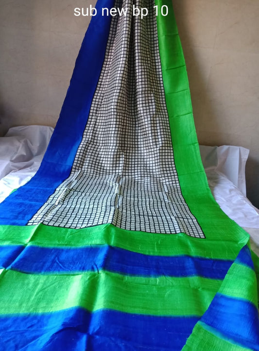 Green Blue Block Printed Pure Silk Mark Certified Bishnupuri Silk Sarees - Dailybuyys