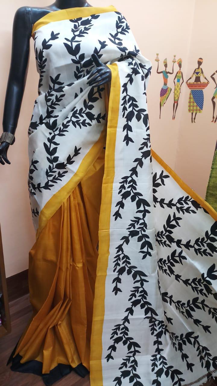 Yellow Beige Block Printed Pure Silk Mark Certified Bishnupuri Silk Sarees - Dailybuyys