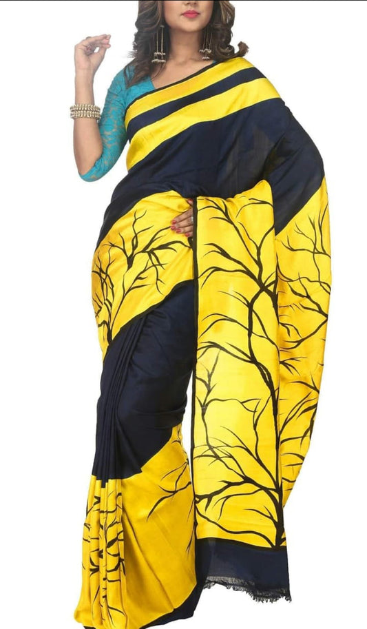 Yellow Black Hand Painted Pure Silk Mark Certified Bishnupuri Silk Sarees - Dailybuyys
