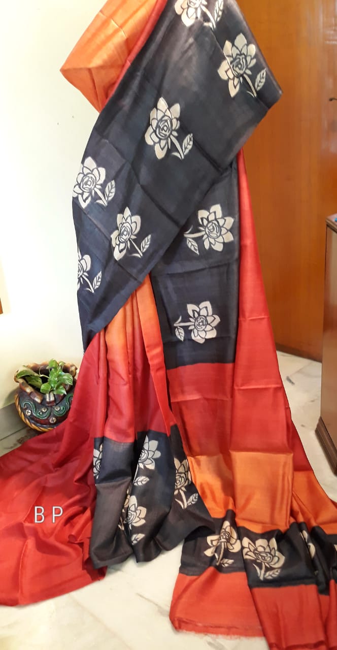 Black Red  Zari Border Pure Silk Mark Certified Tussar Silk Sarees - Dailybuyys