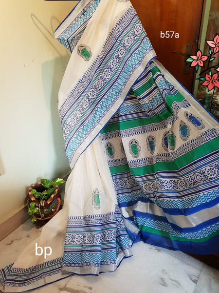 Beige Blue Kerala Pure Cotton Sarees
