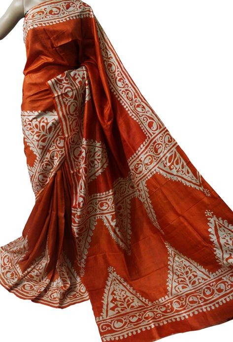 Rust Orange Wax Batik Hand Painted Pure Silk Mark Certified Bishnupuri Silk Sarees - Dailybuyys