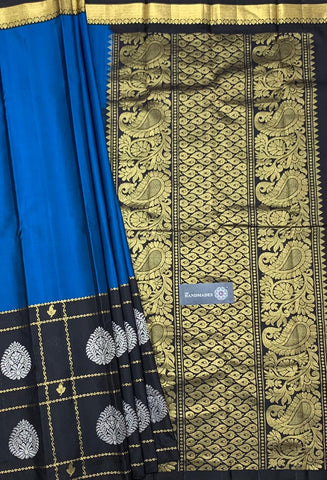 Pure Black Blue Kanjivaram Silk Sarees Get Extra 10% Discount on All Prepaid Transaction