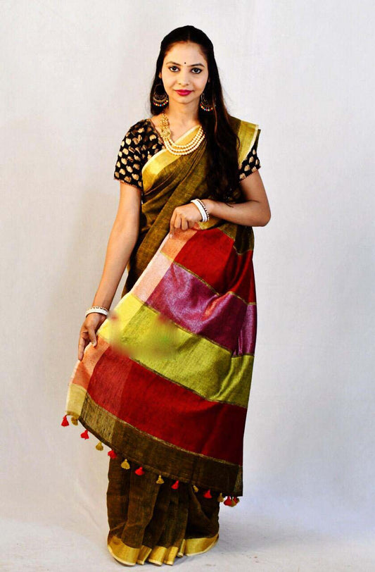 Yellow Brown Pure Linen Sarees - Dailybuyys