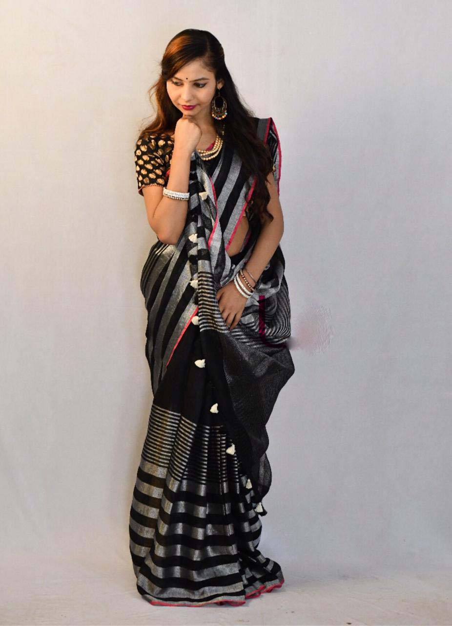 Black Pure Linen Sarees - Dailybuyys