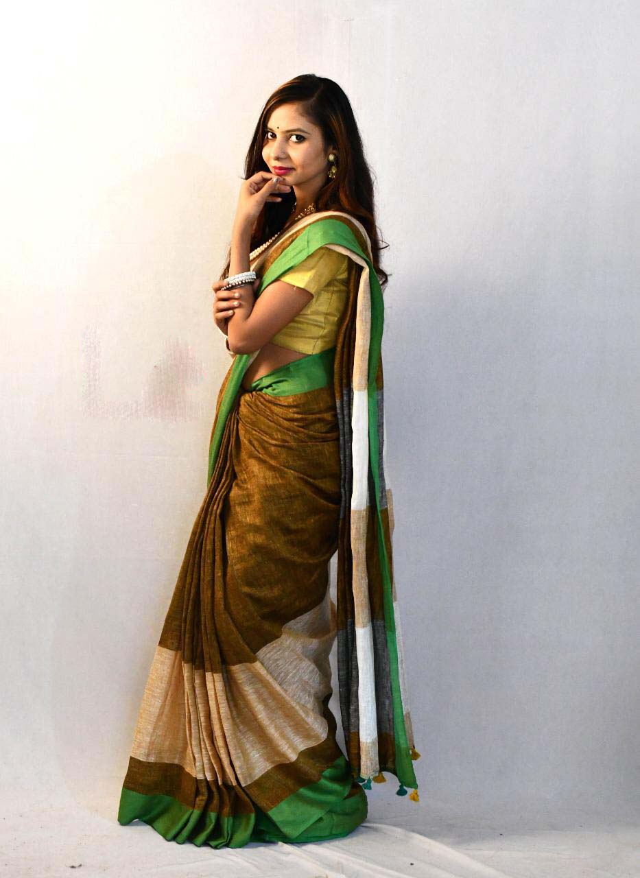 Yellow Brown Pure Linen Sarees - Dailybuyys