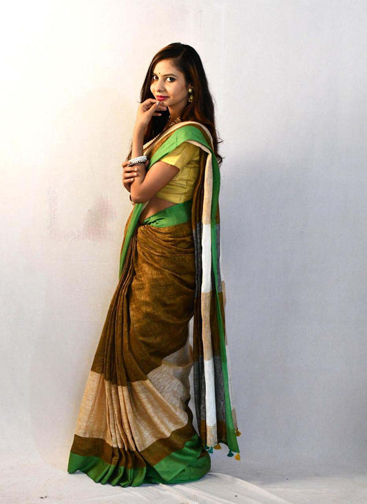 Yellow Brown Pure Linen Sarees - Dailybuyys