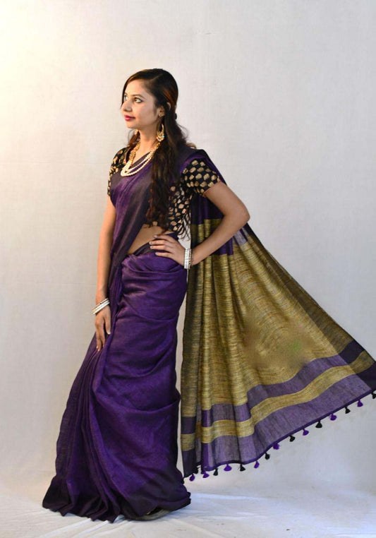 Purple Pure Linen Sarees - Dailybuyys