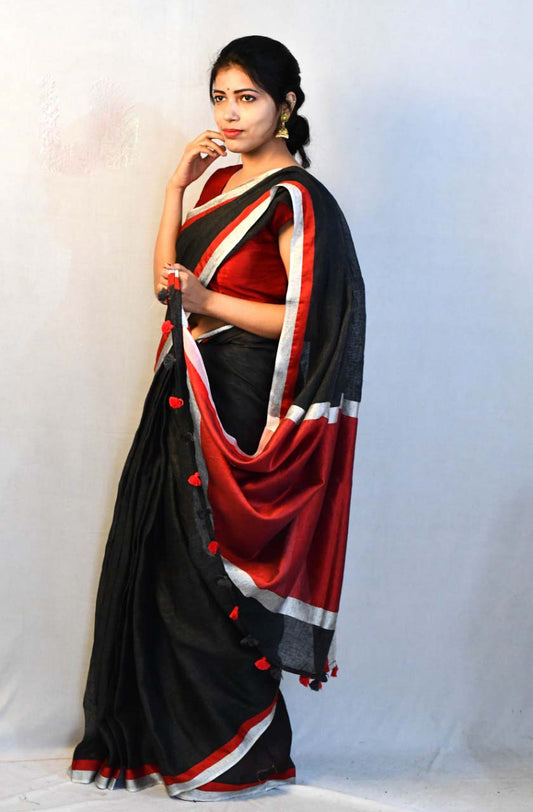 Black Pure Linen Sarees - Dailybuyys