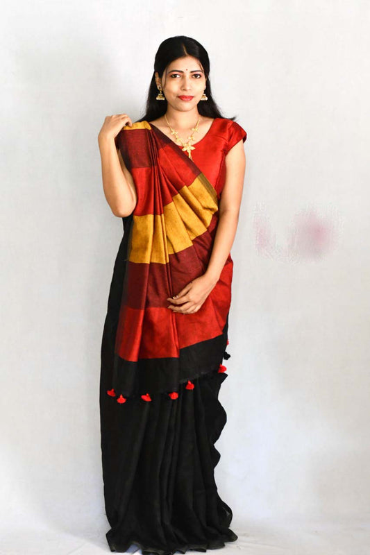 Black Pure Linen Sarees - Dailybuyys