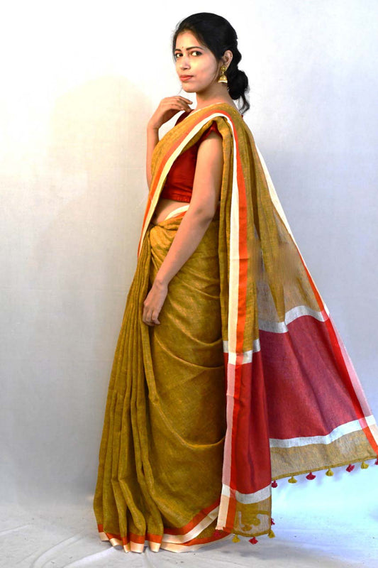 Yellow Pure Linen Sarees - Dailybuyys