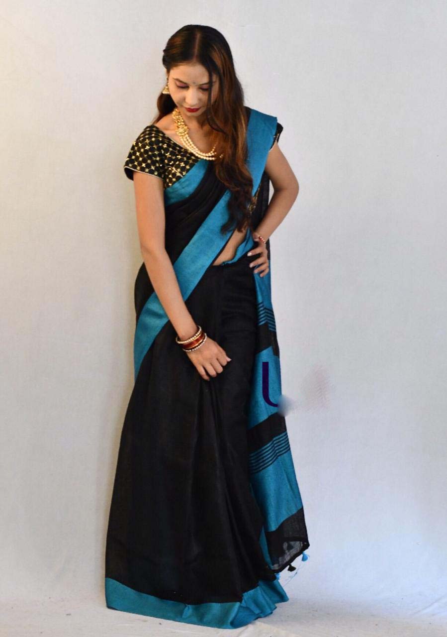 Black Pure Linen Sarees - Dailybuyys
