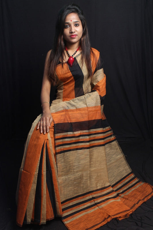 Orange Beige Pure Cotton Bengal Handloom Silk Sarees - Dailybuyys