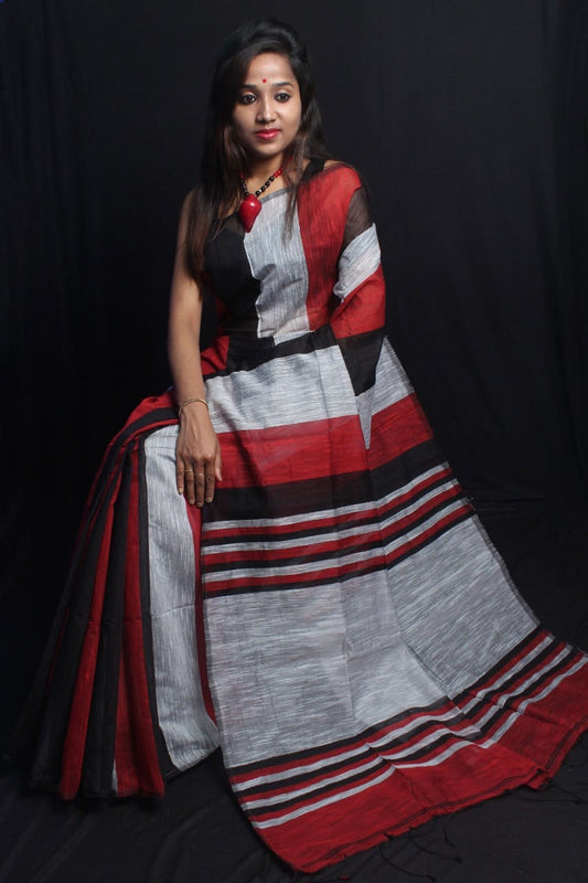 Red Grey Pure Cotton Bengal Handloom Silk Sarees - Dailybuyys