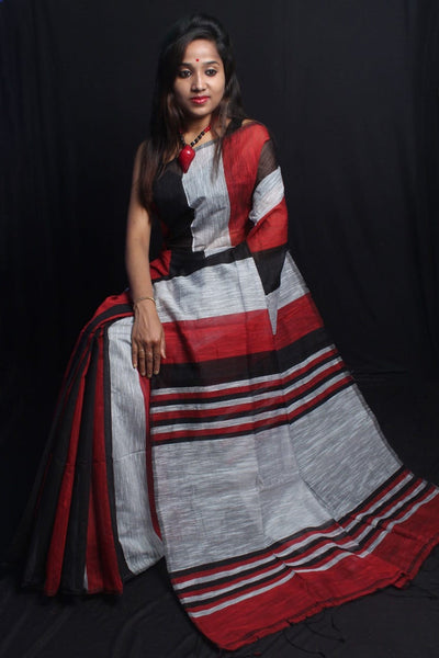 Red Grey Pure Cotton Bengal Handloom Silk Sarees