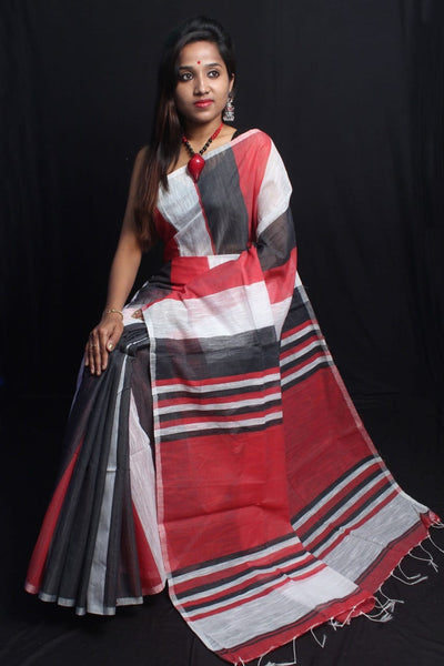 Red Grey Pure Cotton Bengal Handloom Silk Sarees
