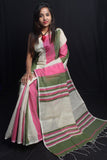 Beige Pink Pure Cotton Bengal Handloom Silk Sarees