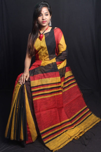 Yellow Red Pure Cotton Bengal Handloom Silk Sarees