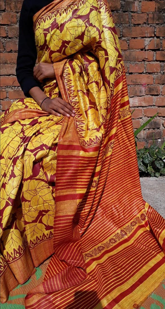 Yellow Orange Madhubani Handpaint Pure Silk Mark Certified Tussar Ghicha Silk Sarees - Dailybuyys