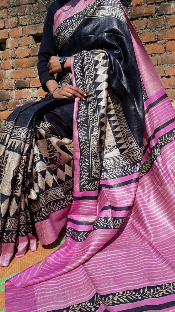 Grey Pink Madhubani Handpaint Pure Silk Mark Certified Tussar Ghicha Silk Sarees - Dailybuyys