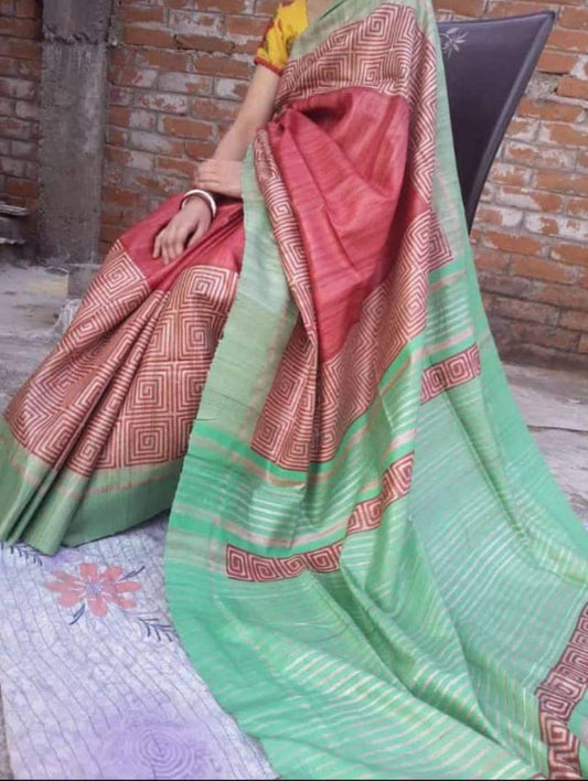 Pink Green Madhubani Handpaint Pure Silk Mark Certified Tussar Ghicha Silk Sarees - Dailybuyys