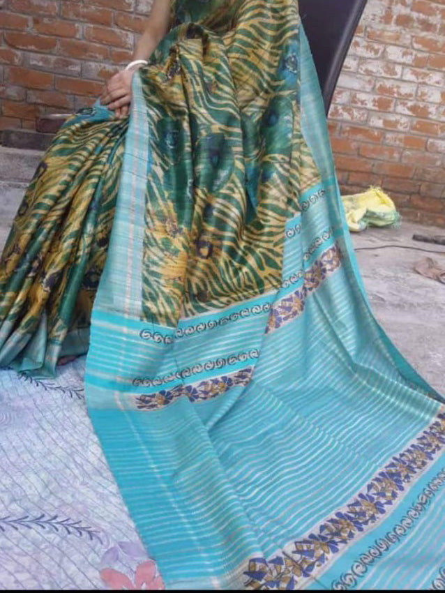 Yellow Blue Madhubani Handpaint Pure Silk Mark Certified Tussar Ghicha Silk Sarees - Dailybuyys