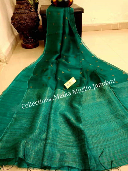 Green Matka Silk Mark Certified Muslin Jamdani Sarees - Dailybuyys