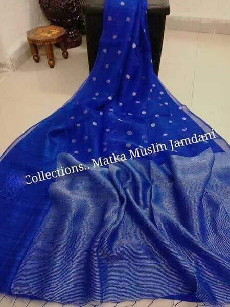 Blue Matka Silk Mark Certified Muslin Jamdani Sarees - Dailybuyys